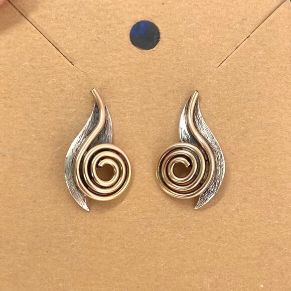 Artisan Textured Sterling Silver 925 Copper Mixed Metal Spiral Stud Earrings - Picture 1 of 16